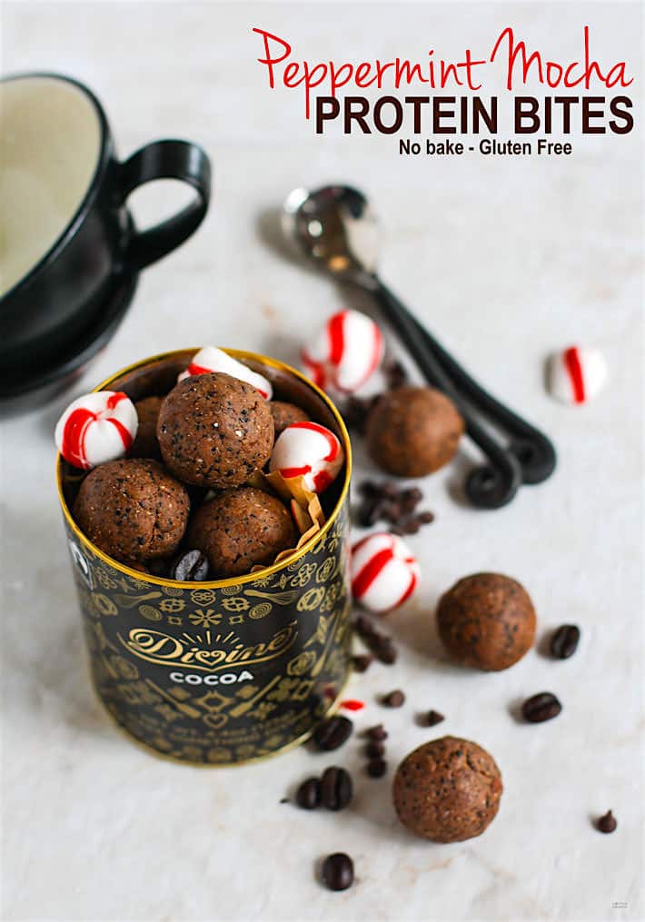 Gluten free and Vegan friendly peppermint mocha protein bites! Grain free , no bake, easy to make, and so tasty for holidays or for healthy dessert! @cottercrunch