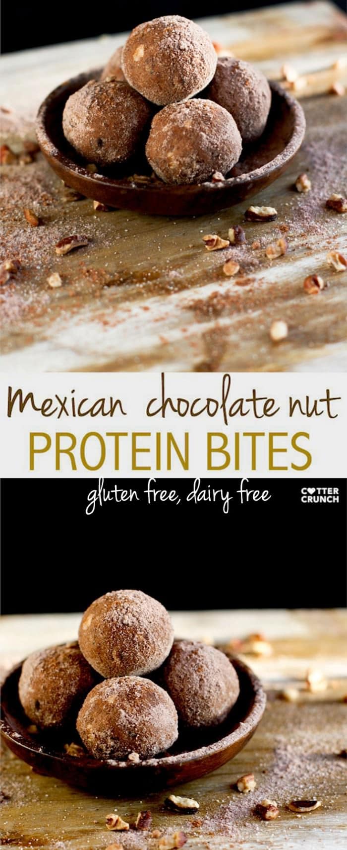 mexican chocolate walnut protein bites. gluten free and grain free! No bake and great for snacking!! Low carb, gluten free, dairy free, and delish!