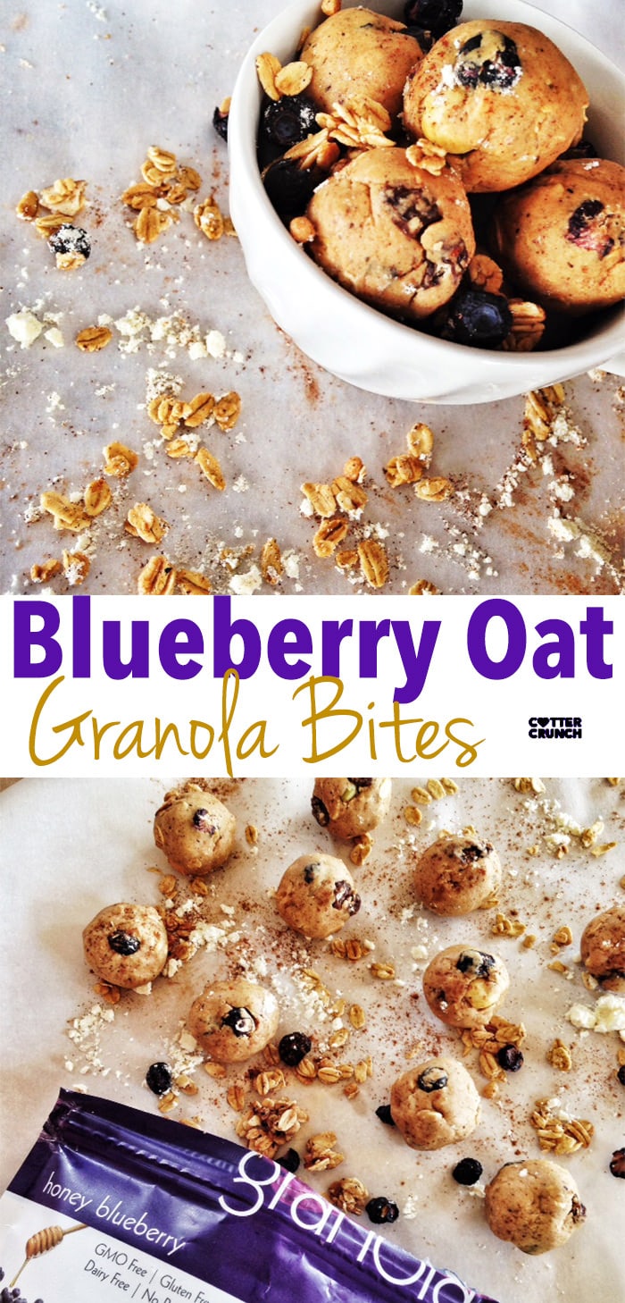 blueberry oat granola bites (GF). Perfect snack bites or breakfast on the go! Full of fiber, natural sugars, and rich in antioxidants with the addition of dried berries! www.cottercrunch.com