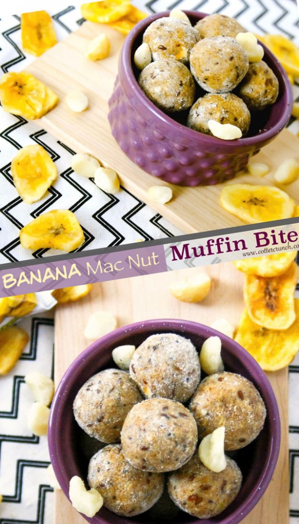 banana mac nut muffin protein bites! Great for breakfast on the go or post workout snack! They are grain free, healthy, and full of fiber!