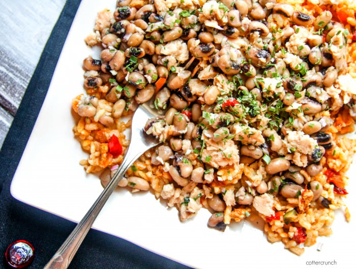 Salmon and Pork Gluten Free Paella, texas style! A healthy fun twist on texas caviar and paella combined. Plus it's great for new years with lucky black eyed peas! Easy to make and healthy!