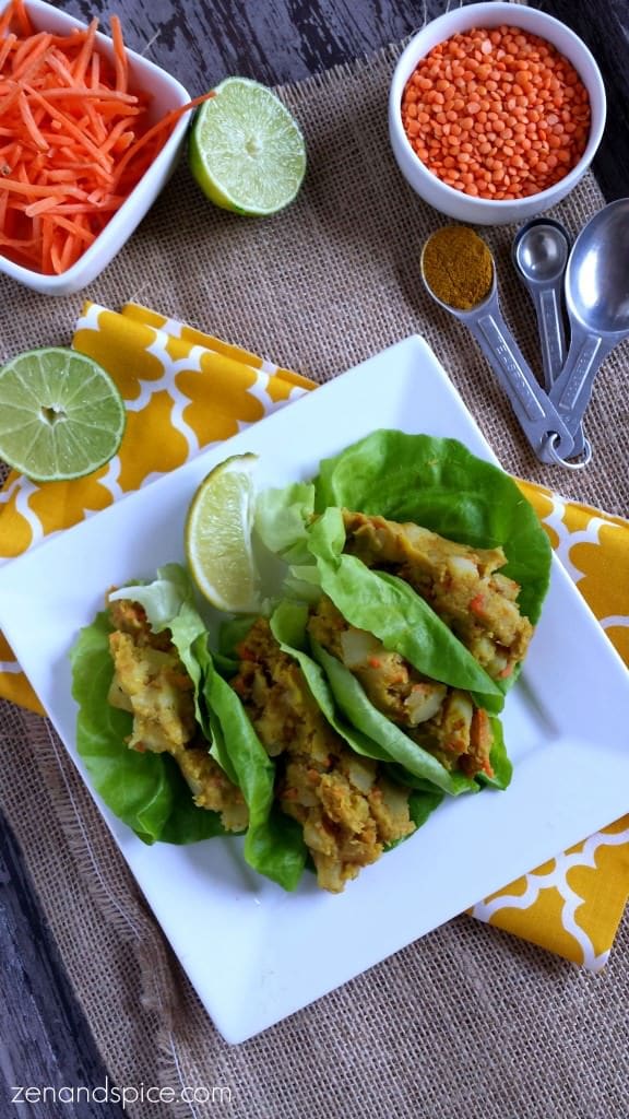 Curried Red Lentil and Potato Lettuce Wraps Recipe. Vegan, gluten free, and delicious!