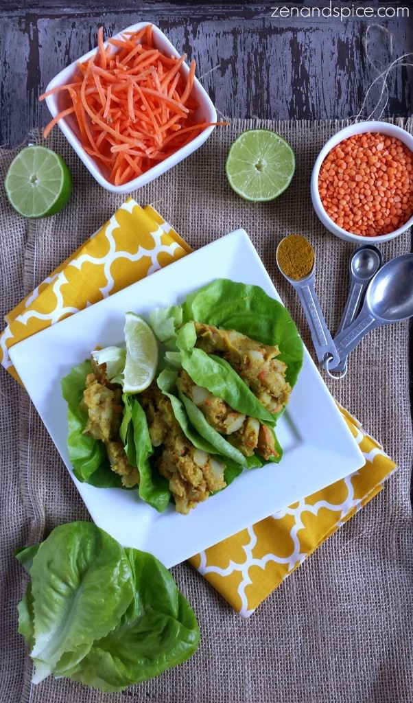 Curried Red Lentil and Potato Lettuce Wrap Recipe. Vegan, gluten free, and delicious!