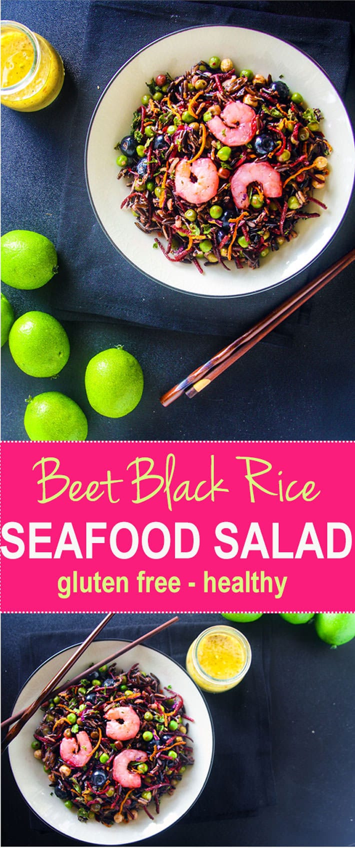 Load up on antioxidants with a gluten free shrimp salad! With beets, black rice, and a lemon-lime vinaigrette, this powerhouse salad is great for "Spring Cleaning" your diet! It's colorful, flavorful, and protein packed! Clean eating made tasty!