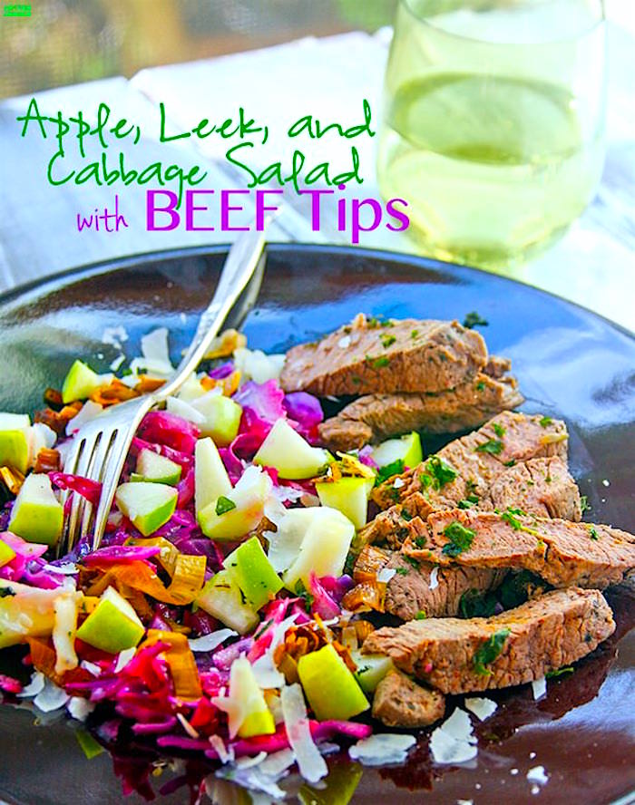 Red cabbage slaw with fresh apples and leeks makes a power food pairing with beef tips, or any other lean protein. This gluten-free slaw recipe makes a nutrient packed side dish that's nutritious and delicious! 