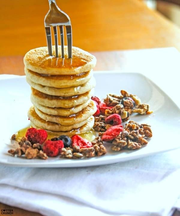 silver dollar pancakes with protein pancake mix. Protein Packed and Gluten free and great for travel! On the go, in the air, or on the road! Oh and simply delicious. www.cottercrunch.com