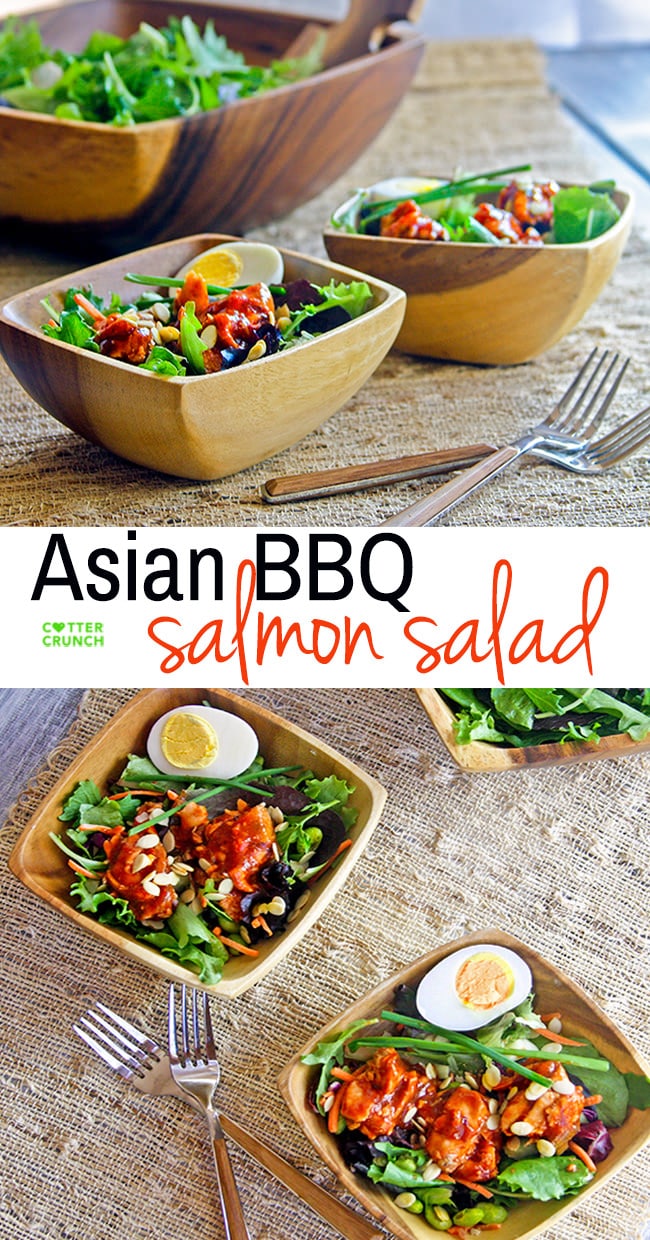 Sweet and Spicy Asian BBQ Salmon Salad: A delicious light lunch or Dinner made with a sweet and spicy sauce and grilled salmon! Goes great with Edamame salad. Healthy and full of antioxidants! Helps the body with Lycopene absorption, too!