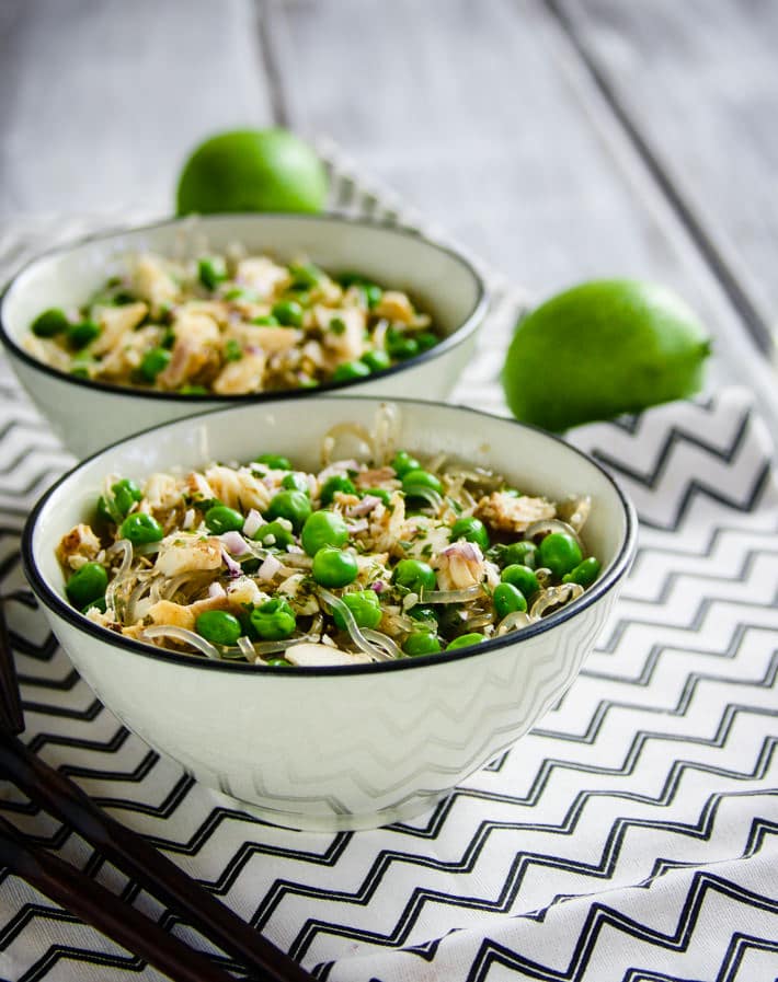 Spring Pea and Onion Gluten Free Noodle Bowls; a light but flavorful Spring dish! Made gluten free with vermicelli rice or kelp noodles and great with seafood, chicken, or tofu! Ready in 30 minutes or less.