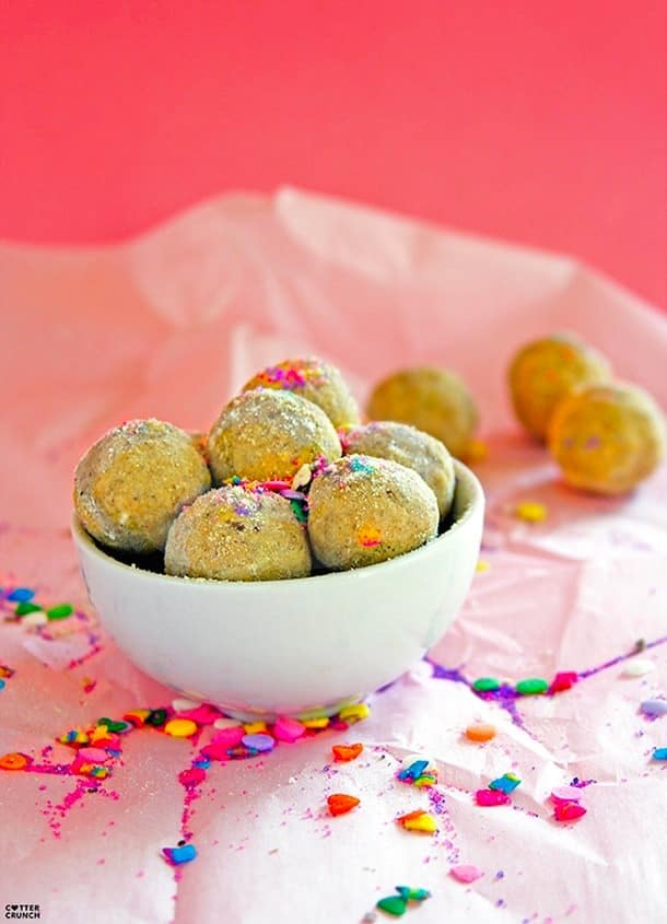 Easy, no-bake, protein-rich, Lemon Vanilla Sprinkle Gluten Free Cake Bites bites that are bursting with flavor. Perfect treats or healthy snacks!