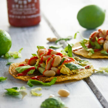 This gluten free tostadas recipe is made from sprouted grains, eggs, and white beans, and they're topped with a spicy chili sauce. It's a great vegetarian meal any time of day!