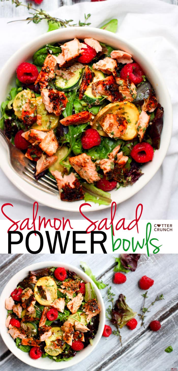 (paleo) Salmon Salad Veggie Power Bowls with Raspberry and Balsamic Glaze. Finally, a salad this is packed with flavor, healthy fats, and amazing antioxidants! Zucchini, thyme, seasonal greens, grilled salmon, and raspberries make one POWERful and delicious combo.