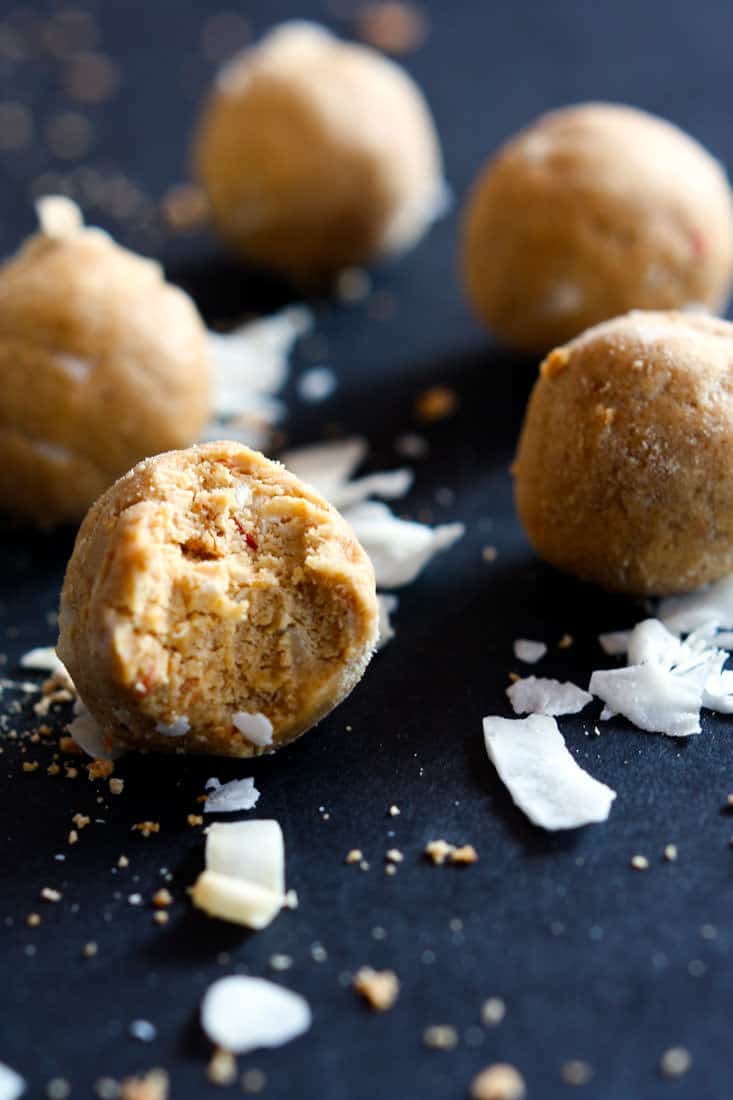 Grain Free Coconut Cream Peanut Butter Protein Bites! These NO BAKE snack bites are lower in sugar and carbs. Great for summer treats