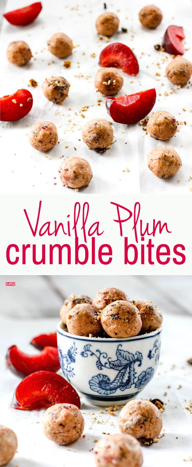 A one bite wonder! These gluten free no bake Vanilla Plum Crumble Bites wrap up all the flavors of that stone fruit summer dessert  into one delicious, healthy, gluten free protein bite. @cottercrunch