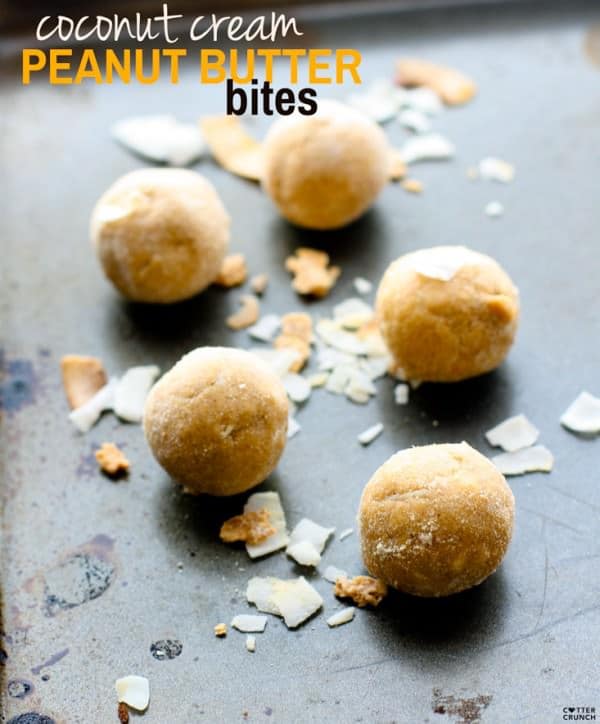Grain Free Coconut Cream Peanut Butter Bites! These little snack bites taste like coconut cream pie and peanut butter combined. A rich flavor nourishing protein bite that will please your sweet tooth in a healthy way!
