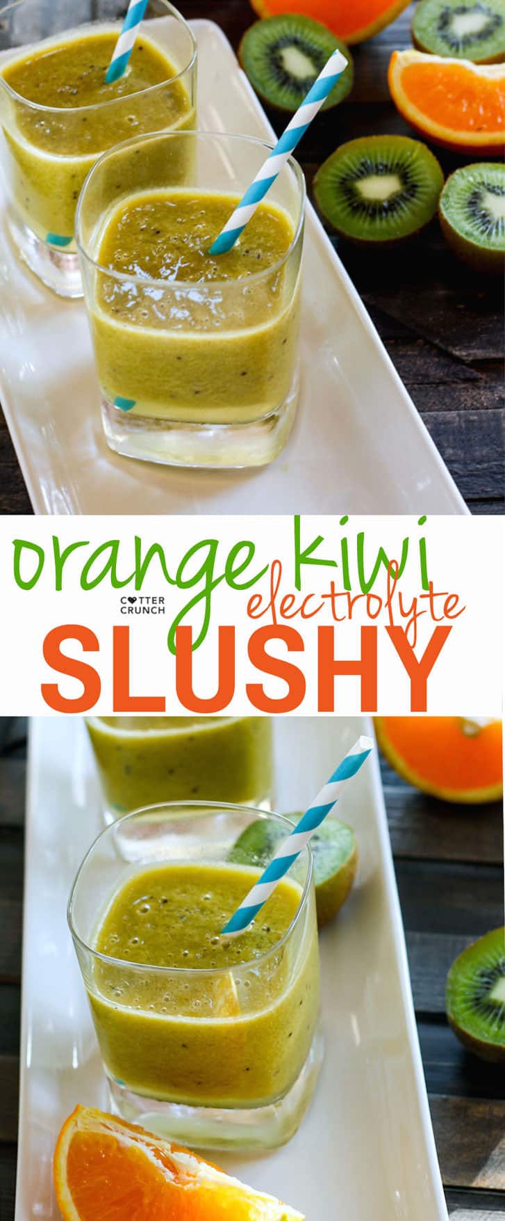 Homemade Orange Kiwi Citrus Electrolyte Slushy! The perfect way to rehydrate and stay healthy during those hot summer months or with strenuous activity. A delicious drink packed with Vitamin C, Minerals, and Natural Sugars! This slushy combines the super powers over Orange, Kiwi, honey, Lime Juice, and sea salt to keep the body well tuned! Plus it's great for kids!