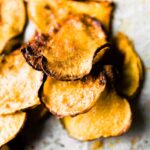 Close up overhead view baked rutabaga chips