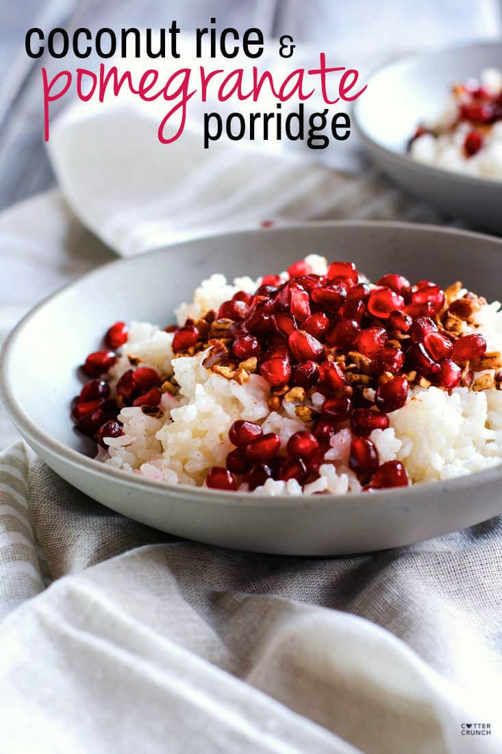 Coconut Rice and Pomegranate Porridge! Good carbs do exist! This gluten free and dairy free breakfast porridge makes for great performance fuel! A nourishing dish made with jasmine rice, coconut milk or cream, cinnamon, maple syrup, nuts, and cinnamon. The perfect combo of nutrient dense foods.