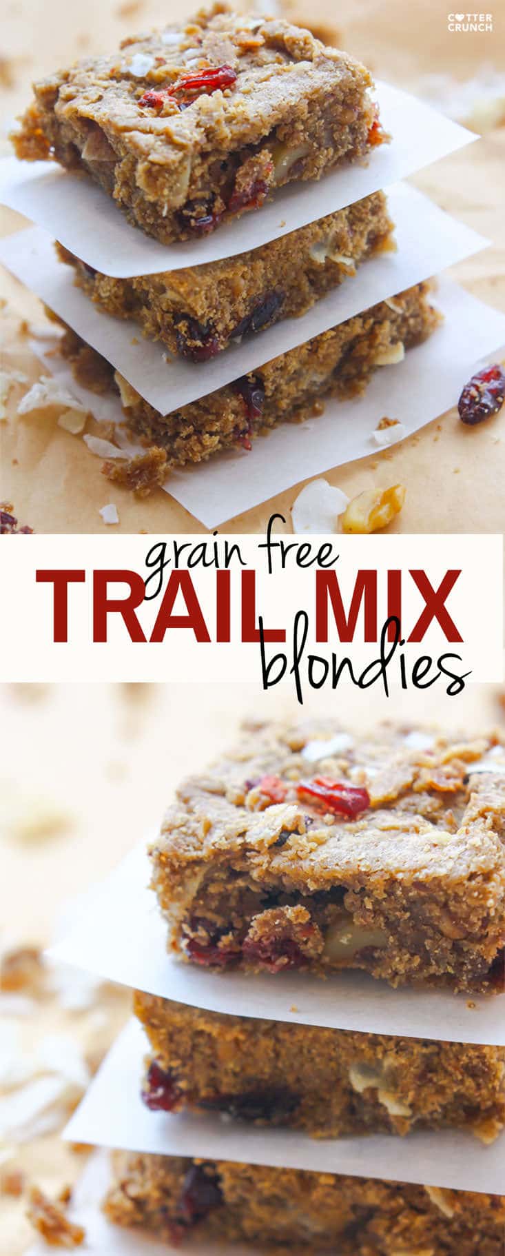 A simple, delicious grain free trail mix blondie bar made with dried fruit, nuts, honey/coconut sugar, and nut butter! Naturally sweetened, easy to make, and perfect for travel, snacks, breakfast, or a healthy dessert alternative!