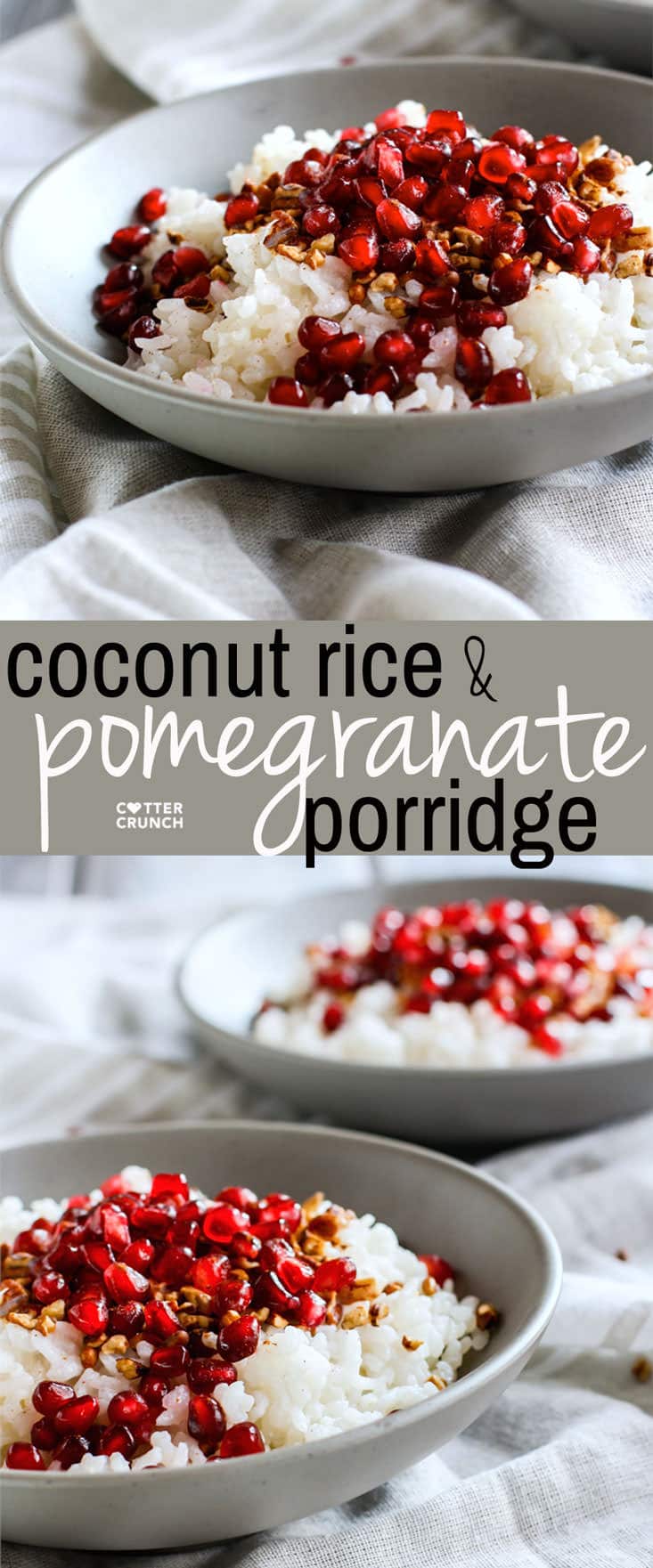 Coconut Rice and Pomegranate Porridge! A nourishing gluten free and dairy free breakfast bowl made with jasmine rice, coconut milk or cream, cinnamon, maple syrup, nuts, and cinnamon. We call this the performance carb porridge because of the budget friendly jasmine rice which makes great fuel when combined with other nutrient dense foods!