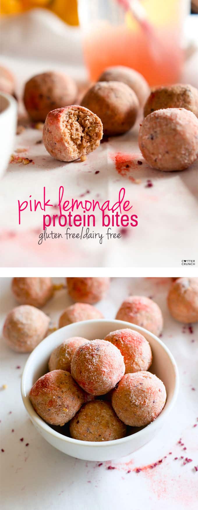 Grain Free Kid friendly Pink Lemonade Protein bites! Lemonade is Summer staple in many homes these days and these refreshing protein bites just might be another a great addition! Lower sugar, protein packed, dairy free, no bake, and Vitamin C rich! Great for snacking on the go, between sports and activities, or anytime of day!