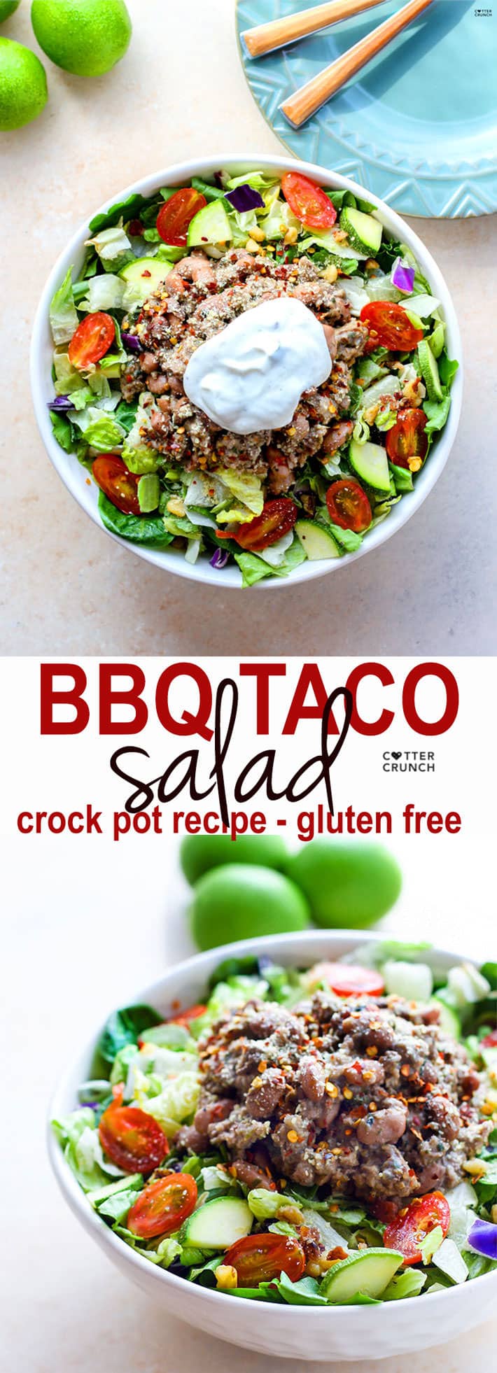 Gluten Free Crock Pot BBQ Taco Salad. Taco Salad with a little BBQ kick, and all in the crock pot. Easy to make, healthy, and perfect to use for multiple meals!