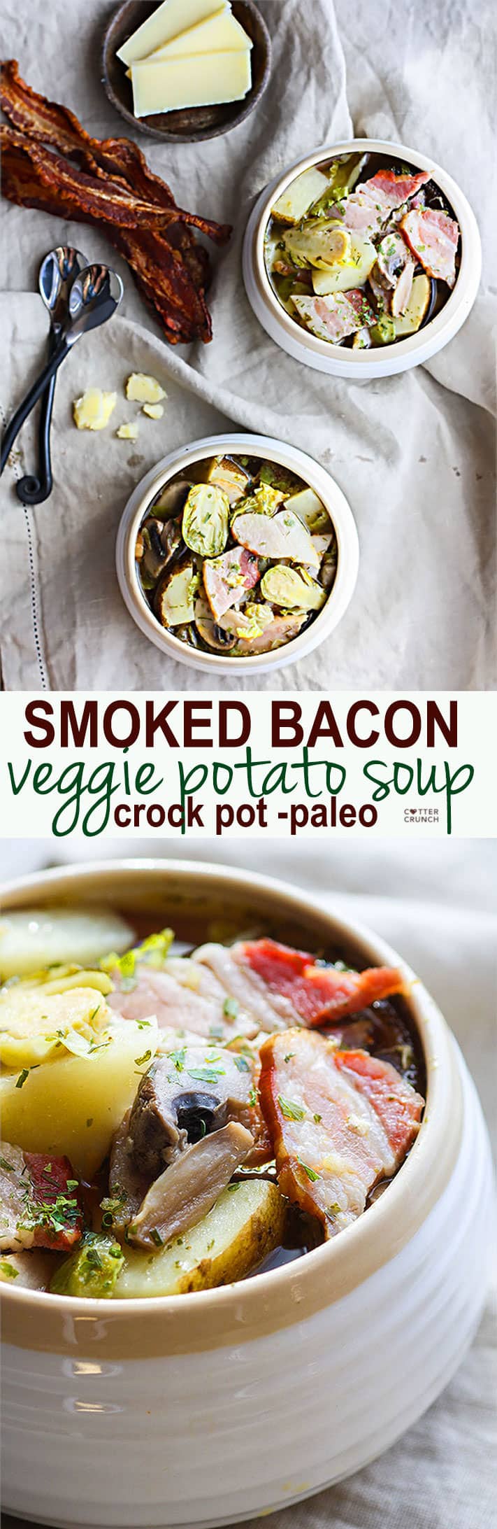 This smoked bacon veggie soup recipe is gluten free, grain free, Paleo friendly, and packed with simple, wholesome ingredients and flavor. Easy to make in a slow cooker or the oven! Get the recipe at CotterCrunch.com