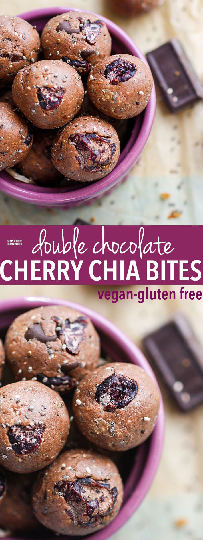 Double the chocolate, double the fun! Double Chocolate Cherry Chia bites are a healthy way to satisfy your sweet tooth while getting an extra boost of omegas and fiber. These bites are grain free, easy to make, vegan friendly, protein packed, and the perfect balance of chocolate and fruit! #cottercrunch
