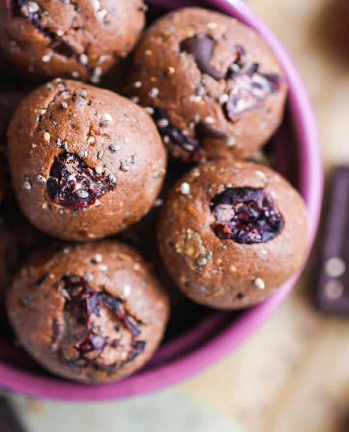 Chocolate Cherry Chia ENERGY Bites! - These no bake bites are great for snacks or desserts. Kids or adults! Naturally sweetened with dried fruit and honey. Packed full of protein, and a nice crunch and bonus nutrient BOOST with the chia seed of course. 