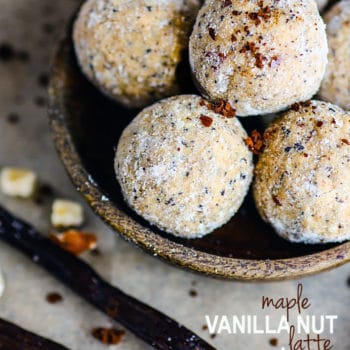 No Bake Maple Vanilla Latte Protein Bites are grain free, gluten free protein bites that are easy to make. This easy snack recipe is also a great breakfast on the go!