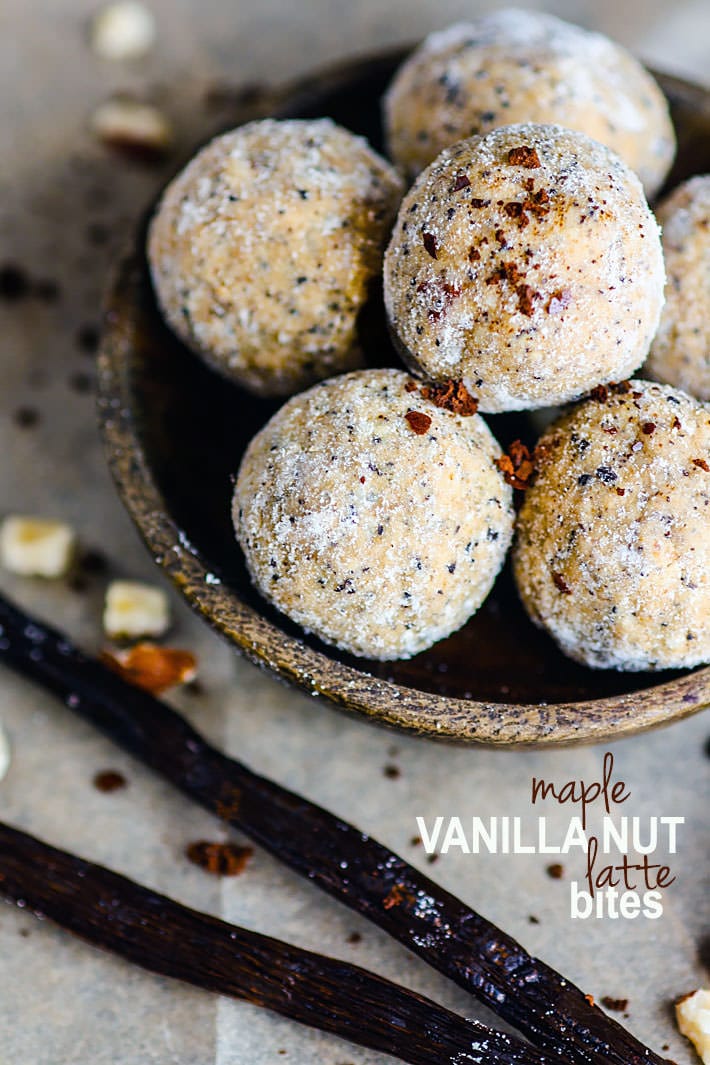 No Bake Maple Vanilla Latte Protein Bites are grain free, gluten free protein bites that are easy to make. This easy snack recipe is also a great breakfast on the go!