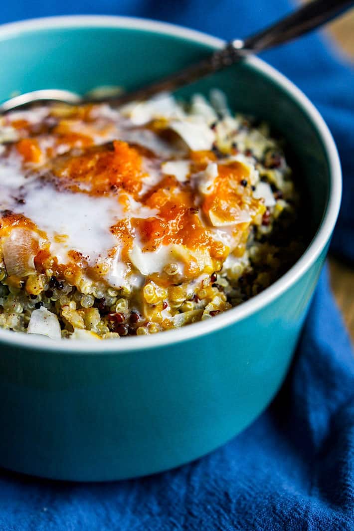 Gluten Free Coconut Creamed Pumpkin Quinoa Porridge. Healthy, Vegan friendly, and packed with nutrients for an easy superfood breakfast! Gluten free too! #cottercrunch