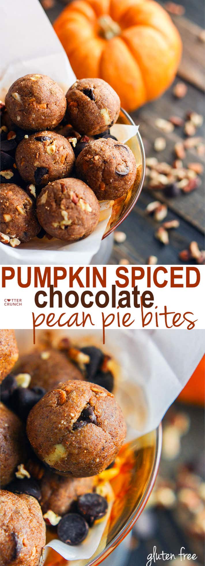 Pumpkin spiced chocolate and pecan pie flavor in one! Healthy, Grain free, easy to make, vegan and paleo friendly, and perfect for Holiday desserts or snacking! So worth making again and again! @cottercrunch