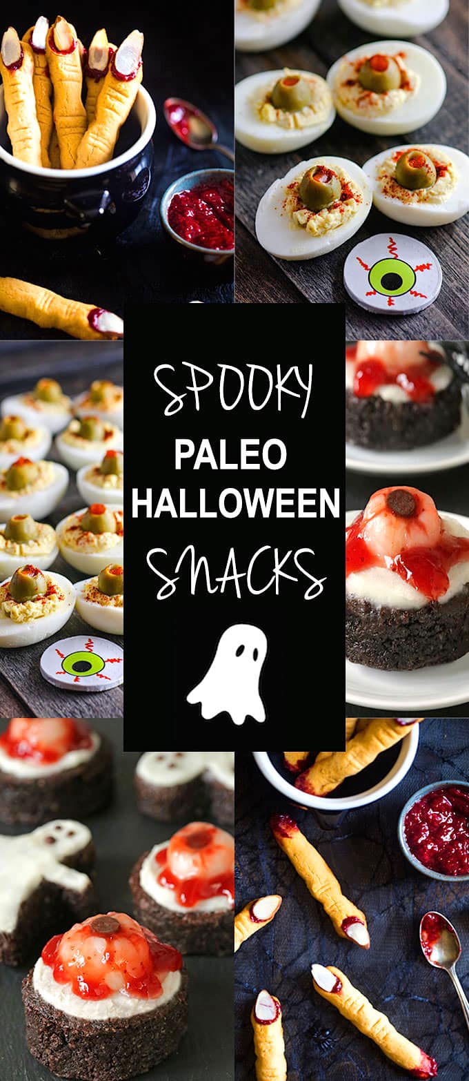 Spooky Paleo Halloween snacks that will be a hit at your next party but also healthy, easy to make, and paleo friendly! Recipes - http://bit.ly/eggeyeball