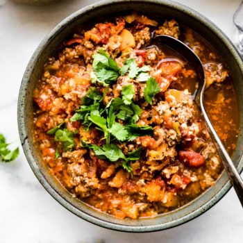 bowl of paleo sweet potato chili made in a crock pot