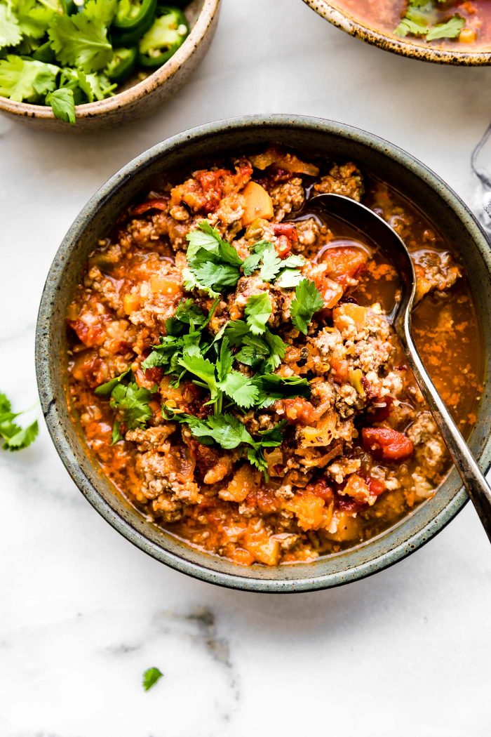 bowl of paleo sweet potato chili made in a crock pot
