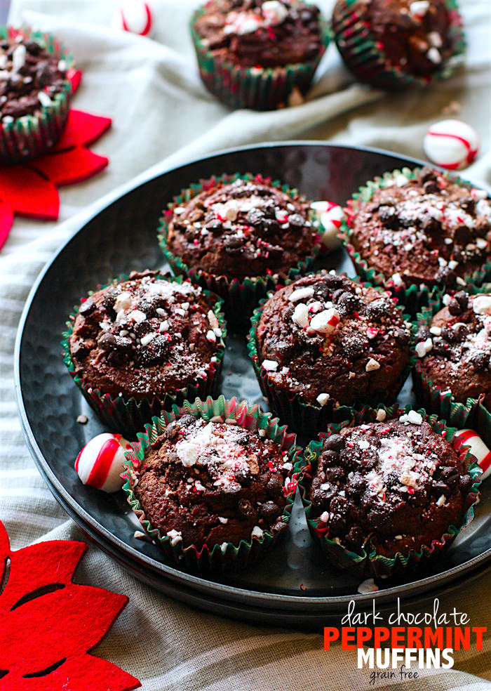Dark Chocolate Peppermint Muffins with Soothing Peppermint oil! These chocolate peppermint muffins are not only grain free, but a healthy and festive way to enjoy breakfast or dessert. Plus they are a perfect pair for your coffee or hot chocolate, rich dark chocolatey flavor and hints of peppermint. A must make during winter or holiday baking time! Dairy free option as well.