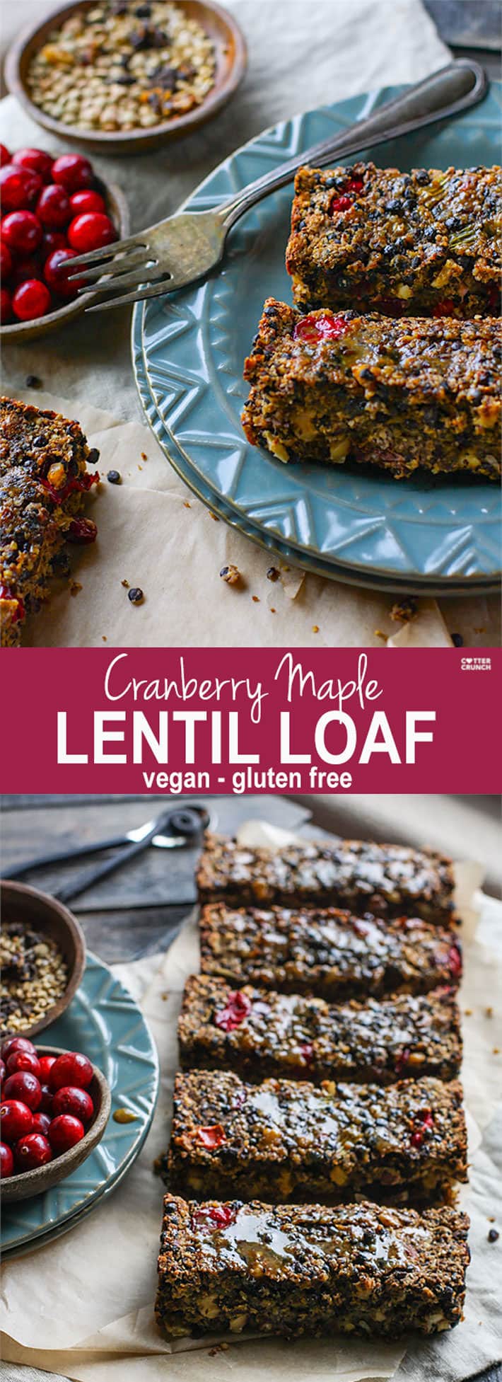Gluten free Vegan Cranberry Maple Lentil loaf! A great dish to add to your Holiday table. Lentils, fresh cranberries, nuts, and sautéed veggies all baked up into one healthy and delicious lentil loaf. The Maple glaze topping makes it even more flavorful. Super easy to make as a side dish or a main dish.