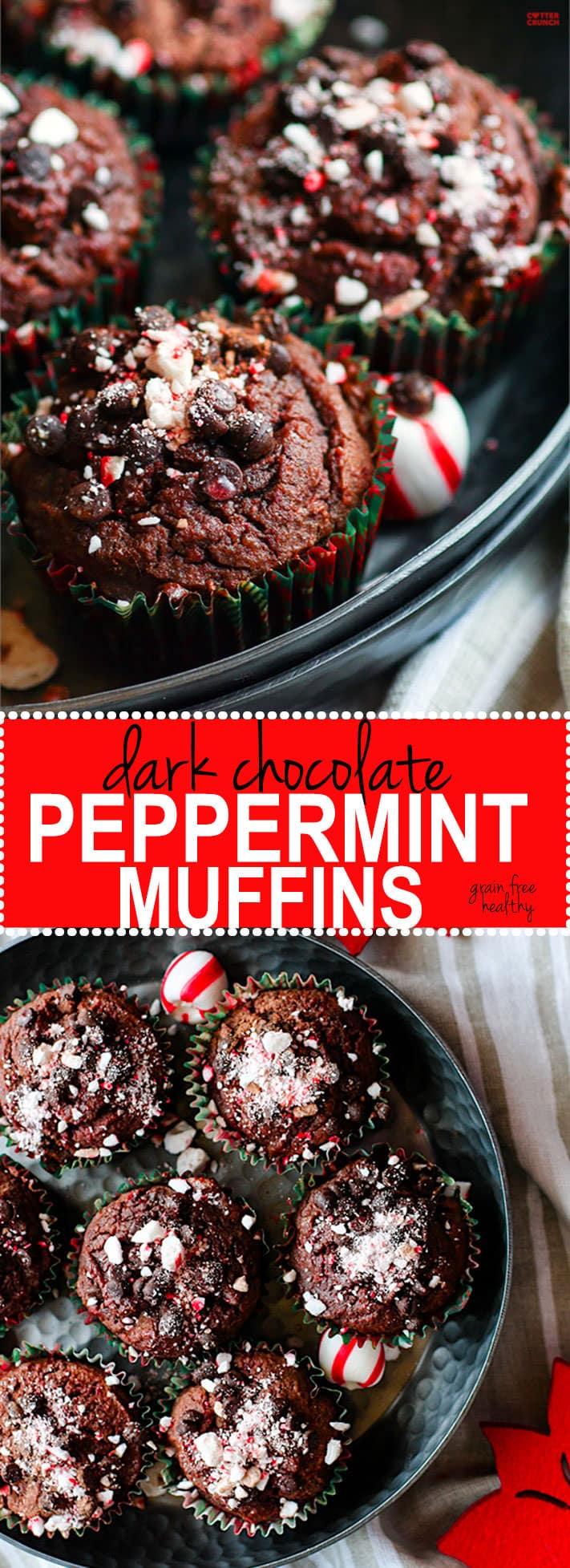 Dark Chocolate Peppermint Muffins with Soothing Peppermint oil! These chocolate peppermint muffins are not only grain free, but a healthy and festive way to enjoy breakfast or dessert. Plus they are a perfect pair for your coffee or hot chocolate, rich dark chocolatey flavor and hints of peppermint. A must make during winter or holiday baking time! Dairy free option as well. @cottercrunch