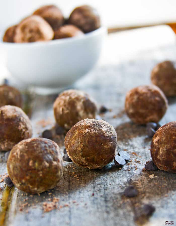 Gluten free dark chocolate cocoa Reese's Protein Bites! A super food snack that's delicious, no bake, and protein packed! Real food ingredients that taste REAL GOOD! Vegan Friendly