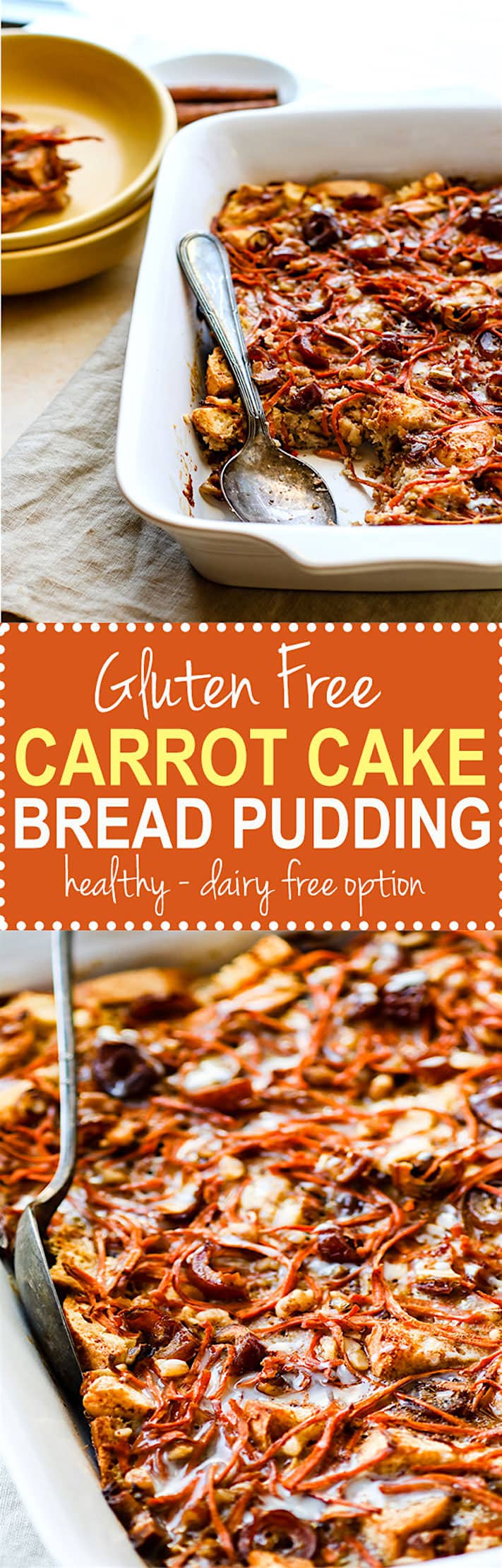 gluten free carrot cake bread pudding casserole. EASY to Make ahead! A Healthier gluten free carrot cake recipe in breakfast form and dairy free! @cottercrunch
