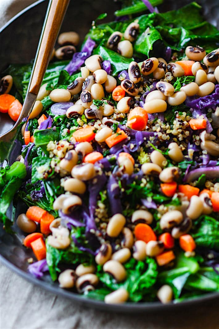 Vegan Rainbow Power Greens Salad with Black Eyed Peas. A healthy gluten free power greens salad packed with lucky black eyed peas and super nutrients. A great way to start off the new year and get back on track with clean eating
