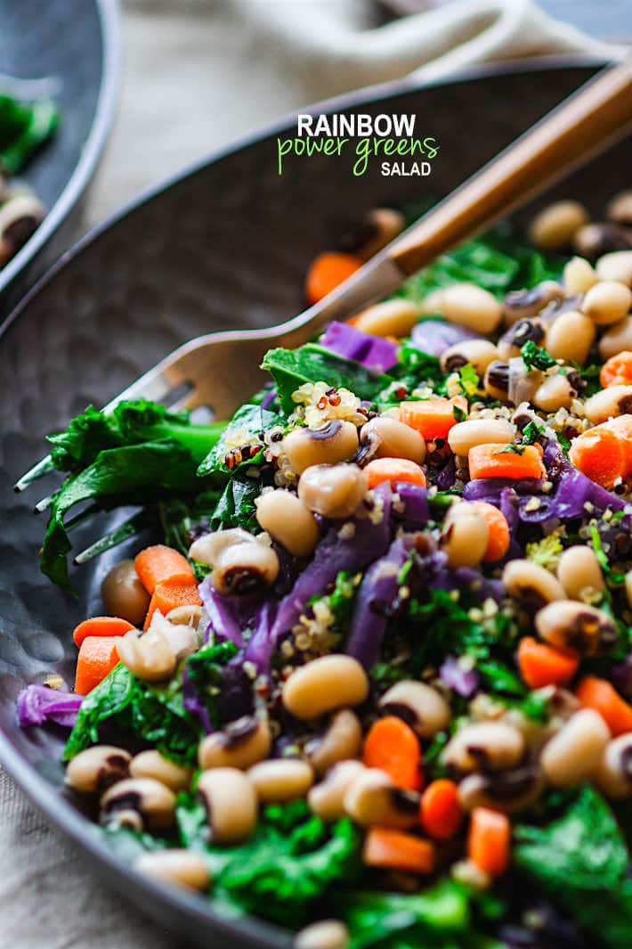 Vegan Rainbow Power Greens Salad with Black Eyed Peas. A healthy gluten free power greens salad packed with lucky black eyed peas and super nutrients. A great way to start off the new year and get back on track with clean eating. Easy to make and full of flavor!