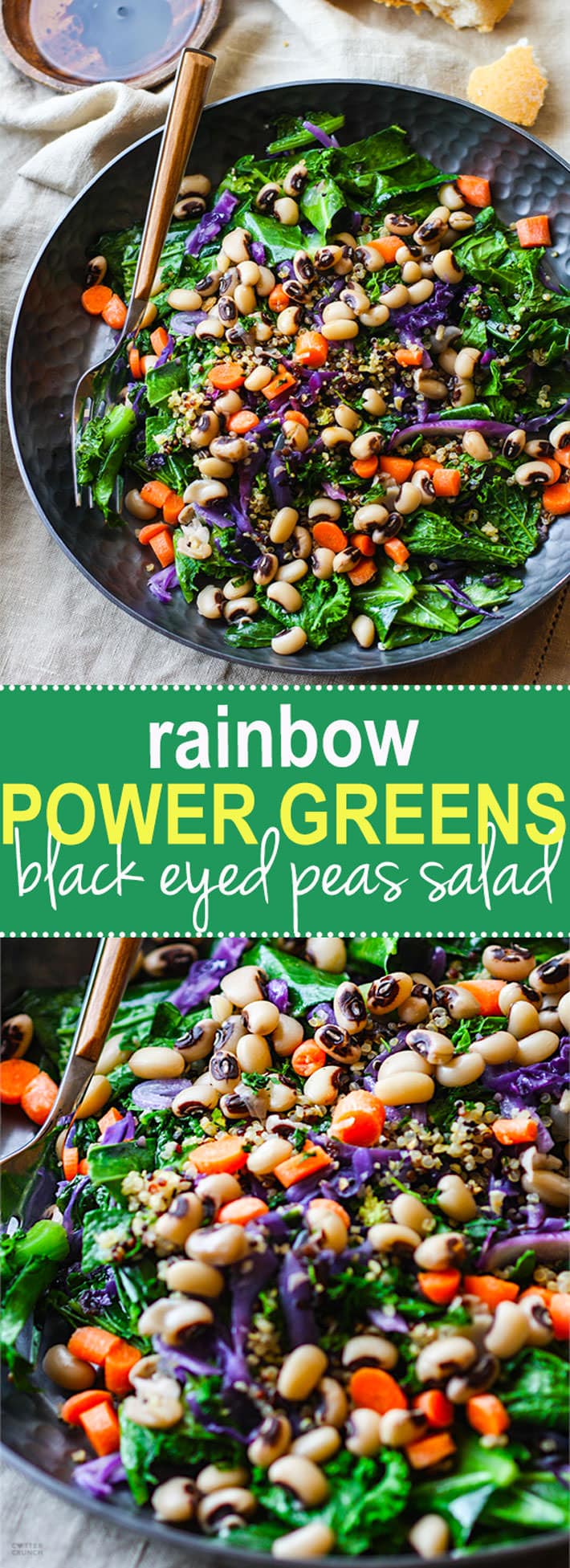 Vegan Rainbow Power Greens Salad with Black Eyed Peas. A healthy gluten free power greens salad packed with lucky black eyed peas and super nutrients. A great way to start off the new year and get back on track with clean eating. Easy to make and full of flavor!. @cottercrunch