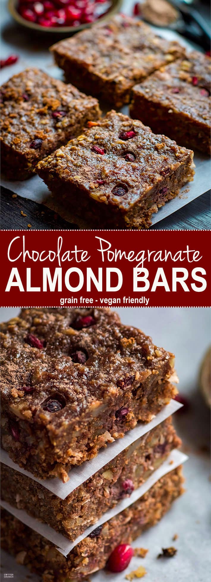 Gluten Free Chocolate Almond Bars with Pomegranate! Oh heavens yes! A Vegan friendly and Gluten Free Chocolate Bar you can have for breakfast, snack, or dessert! Packed with Antioxidants (cocoa, almonds, pomegranate) and bursting with flavor. Healthy yet satisfying. www.cottercrunch.com