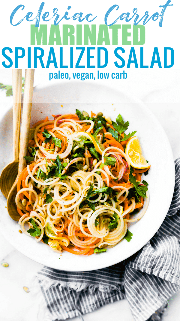 Zesty Carrot Celeriac Spiralized Salad! A light spiralized salad that is quick and delicious! Simply marinade the vegetables noodles in homemade dressing then garnish and serve. This healthy salad is ready in under 30 minutes. Paleo, vegan, and low carb too! #salad #paleo #vegan