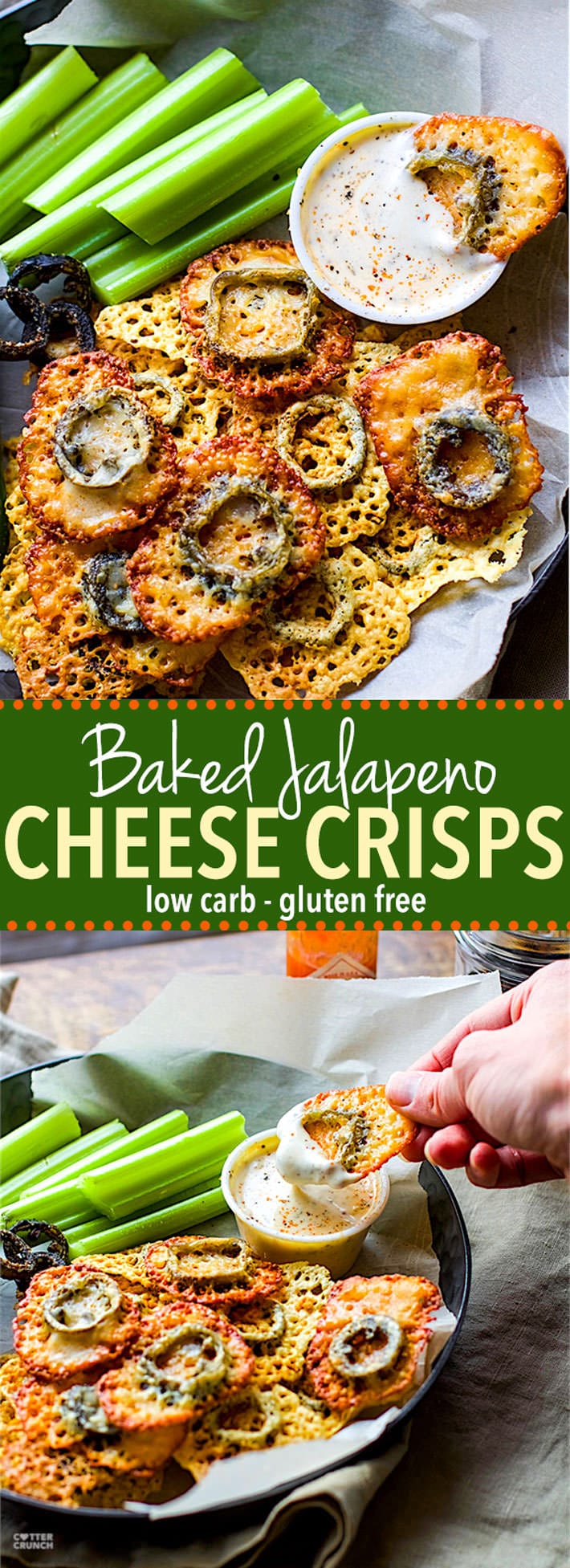 Easy Baked Jalapeno Cheese Crisps! Low carb gluten free cheese crisps with a tex mex flare! These healthier baked crisps are simple to make with minimal ingredients. Plus can be made mild or super spicy. You choose! One of our favorite appetizers and snacks. www.cottercrunch.com