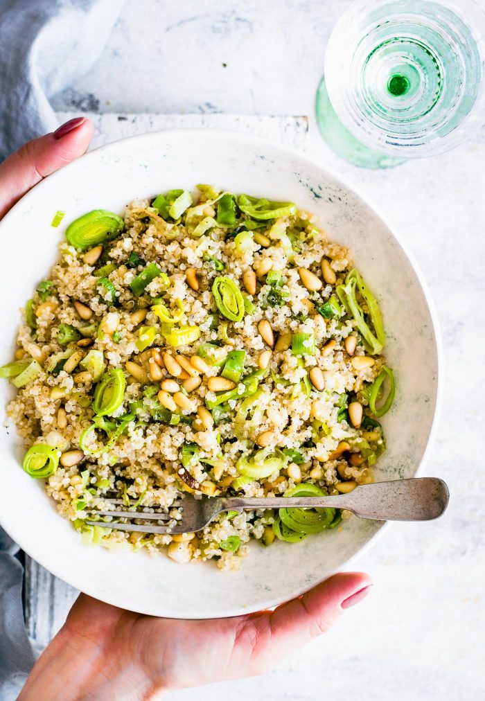 Healthy Dairy Free, Gluten Free Meal Plan Recipes. Honey Toasted Pine Nut and Leek Quinoa Salad! A simple yet slightly sweet and zesty quinoa salad that is perfect for any occasion! A great healthy side dish or even a simple lunch idea! Dairy free and vegan friendly. Freezable and ready in 30 minutes.