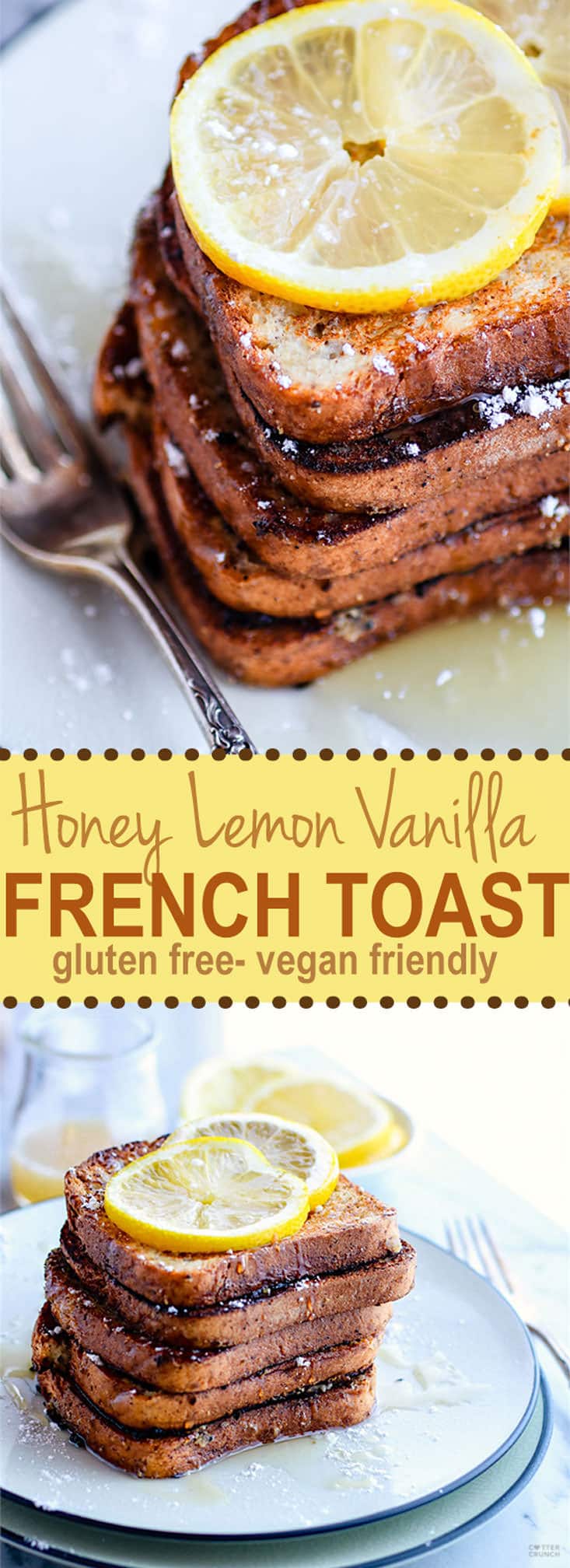 Honey Lemon Vanilla Gluten Free French Toast. Simple yet delicious flavors, easy to make, no eggs needed, and vegan Friendly! This Gluten Free French Toast breakfast is a hit for weekend brunch or for kids. Perfect for freezing and making ahead too. But don't forget the sauce.. that honey lemon cream sauce! #gfsquad