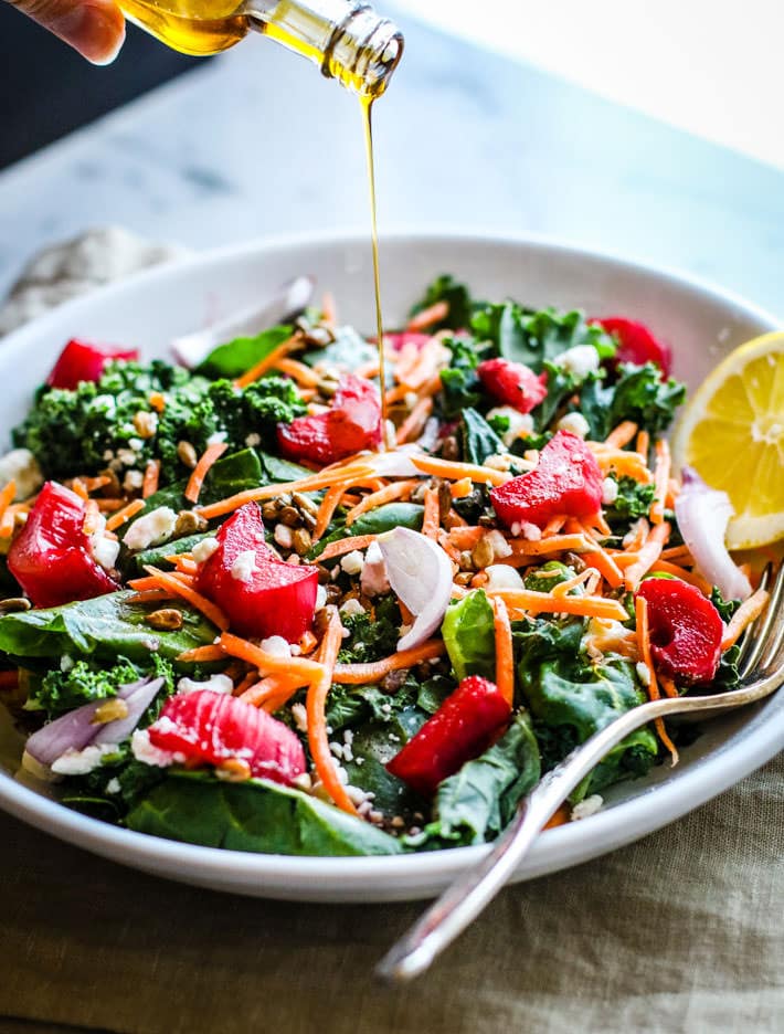 Healthy and Delicious Honey Roasted Rhubarb Power Greens Salad! A vegetarian honey roasted rhubarb salad jammed packed with nourishment and bursting with flavor. Simple to make, vegetarian, and gluten free!