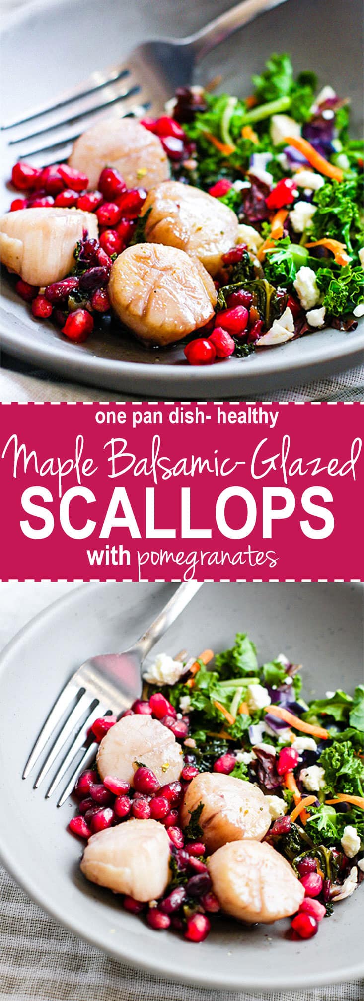 EASY Maple Balsamic-Glazed Scallop Recipe with Pomegranates! All you need is one pan and 10 minutes. A Healthy Maple Balsamic-Glazed Scallops recipe so perfect for a date night in or to impress guests. Fake your way FANCY with this recipe! They are that good and simple! Paleo friendly of course.
